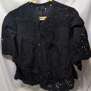 Madewell Black Henley Eyelet Top Button Front Size Medium NWT